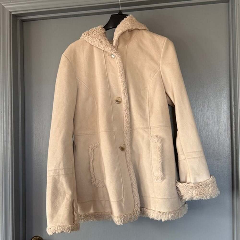 Jones New York Penny Lane Faux Suede Faux Fur Coat Cream Women’s L Hooded Button